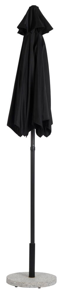 Musta kokoon taitettu varjo pyöreällä jalustalla.