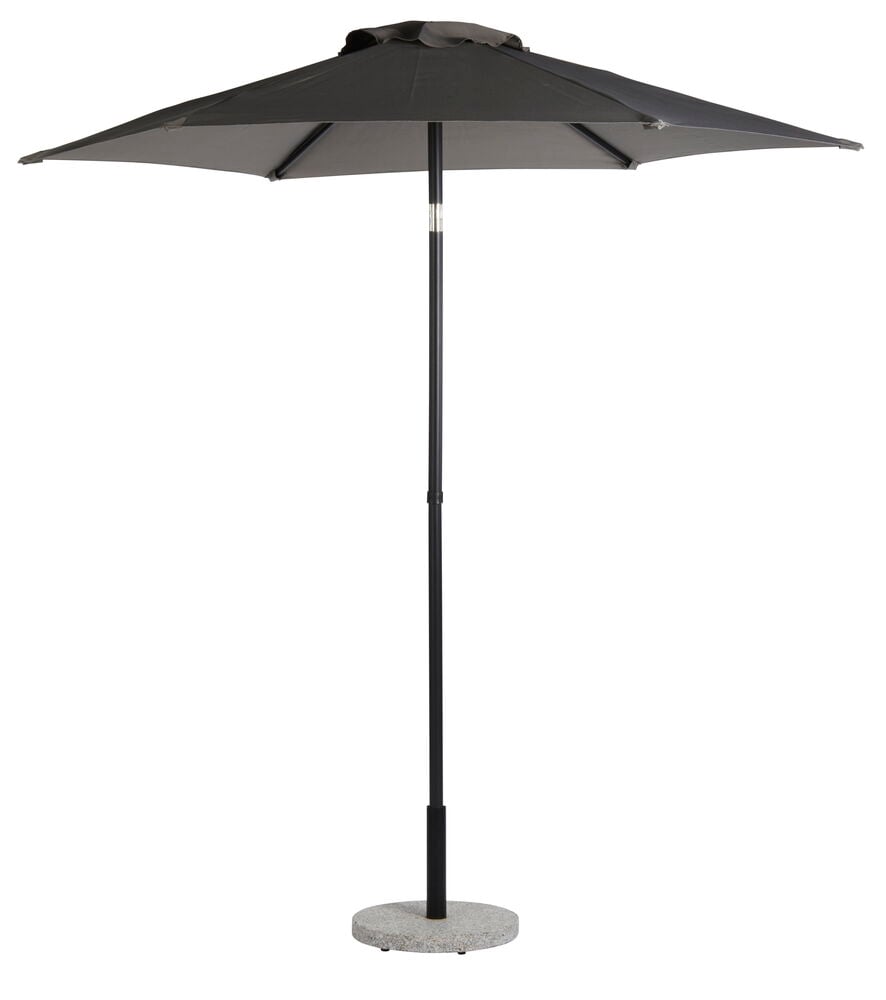 Harmaa pyöreävarjoinen aurinkovarjo mustalla tangolla.