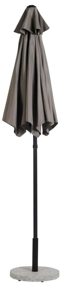 Harmaa kokoon taitettu sateenvarjo mustalla jalustalla.