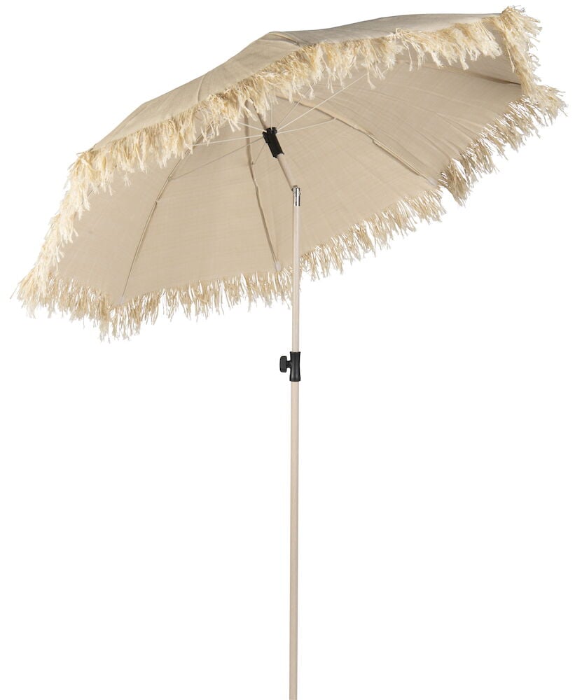 Kallistettu aurinkovarjo hapsuilla ja säädettävällä korkeudella.