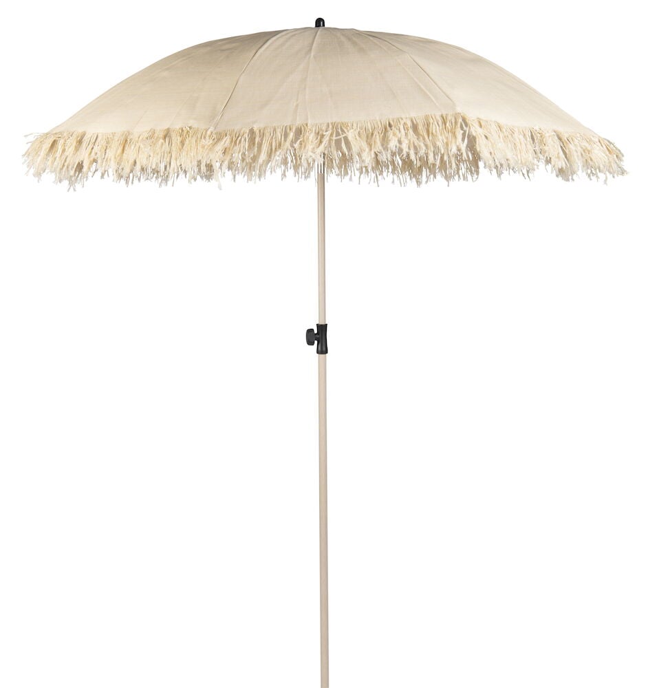 Luonnonvärinen rantavarjo, jossa on koristeellinen hapsureuna.