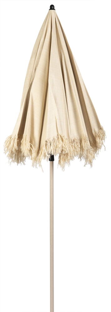 Luonnonvärinen taitettava rantavarjo hapsuilla ja varrella.