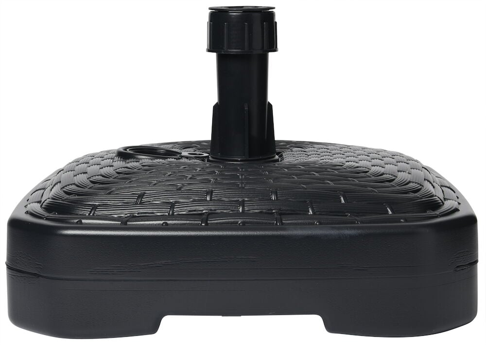 Musta nelikulmainen aurinkovarjon jalka, jossa on kuvioitu pinta.