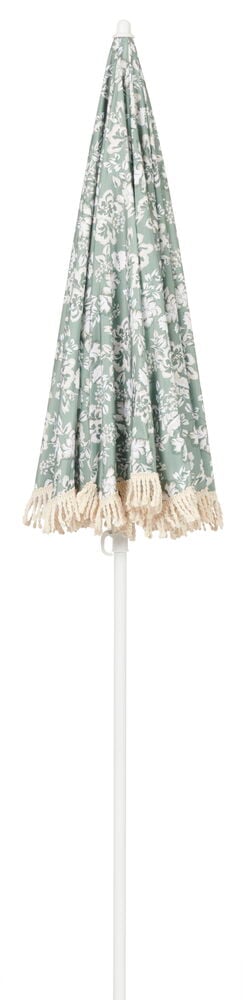 Taitettava vihreä varjo hapsuilla ja kukkakuviolla.