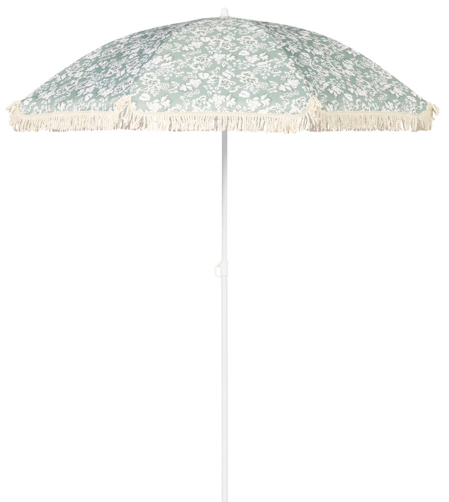 Vihreä retrovarjo kukkakuviolla ja vaaleilla hapsuilla.