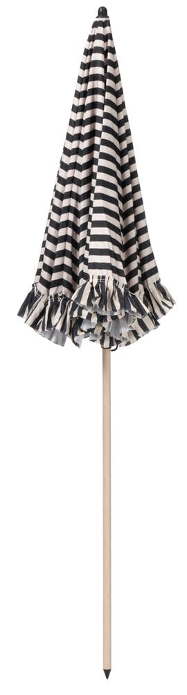 Raidallinen aurinkovarjo, jossa on hapsut ja taitettu yläosa.