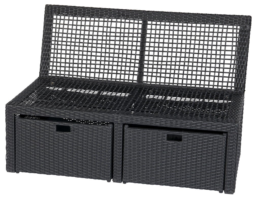 Svart loungesofa med to oppbevaringsskuffer under.