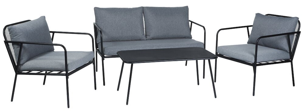 Musta sivupöytä, jossa on verkkokuvioitu pöytälevy ulkokäyttöön.