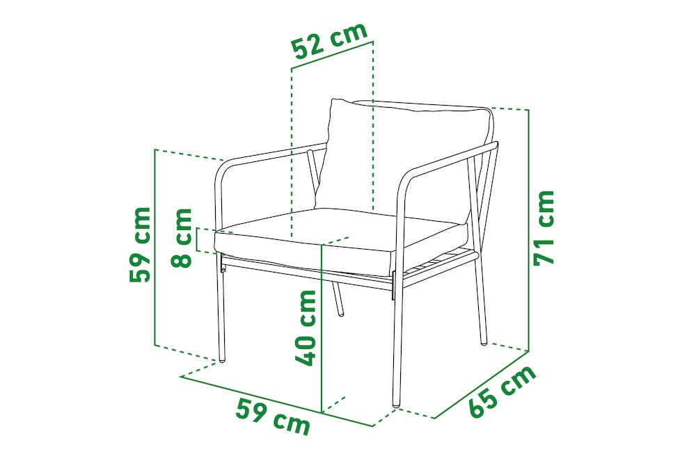 Piirustus nojatuolista, jossa on istuin- ja selkätyyny.