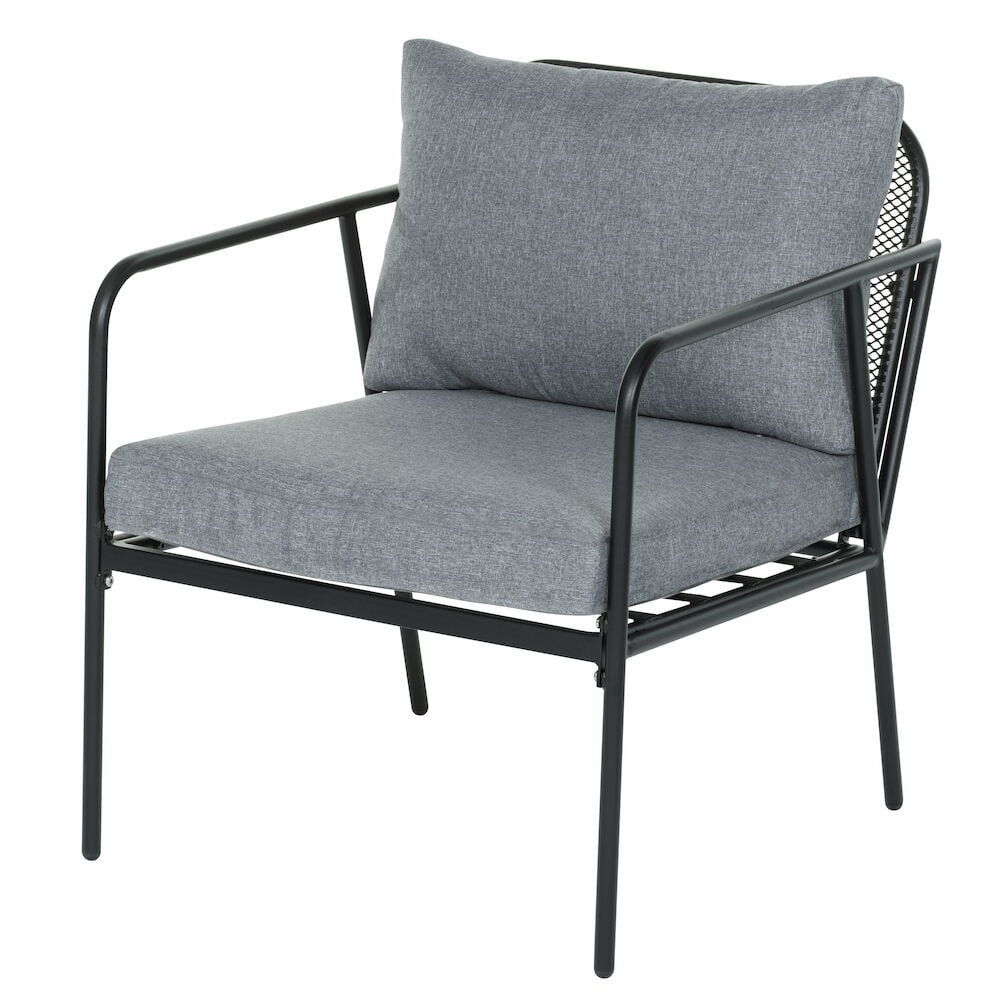 Musta teräsrunko nojatuoli harmailla tyynyillä.