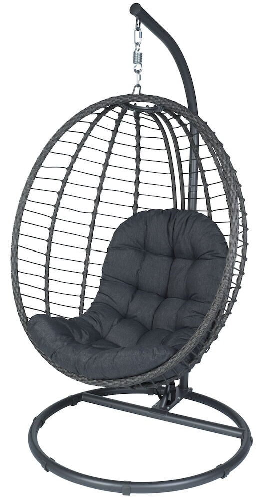 Tummanharmaa ripustettava tuoli polyrottinkia paksulla tyynyllä.