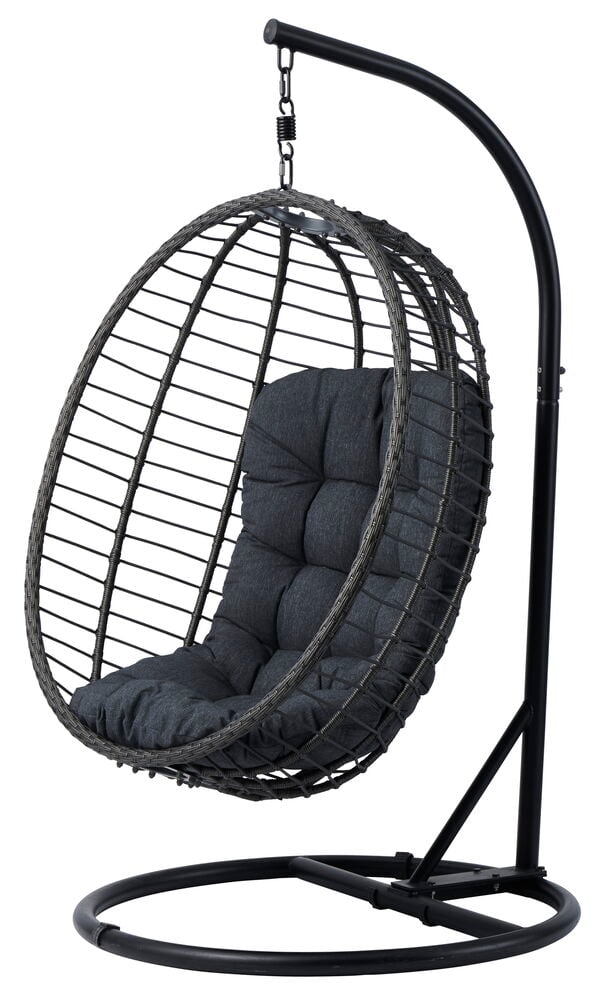 Tummanharmaa polyrottinki riipputuoli harmaalla tyynyllä.