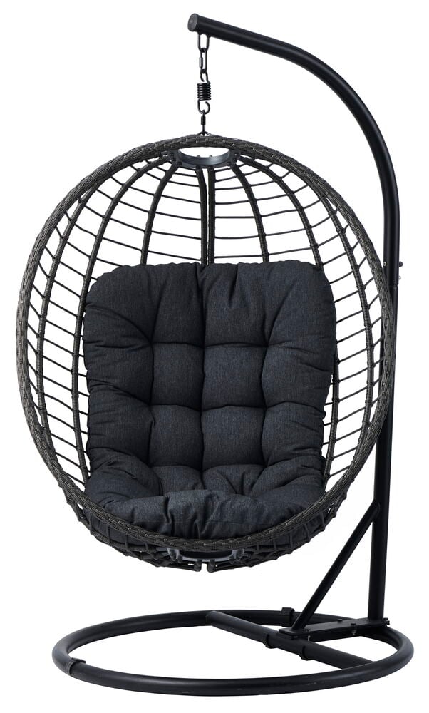 Tummanharmaa rottinkimainen riippukeinu pehmeällä tyynyllä.