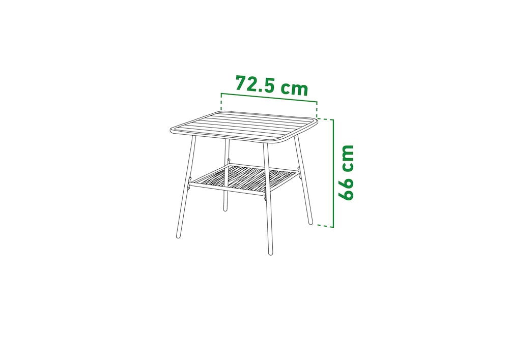 Suorakulmainen ulkopöytä hyllytason ja mittojen kanssa.