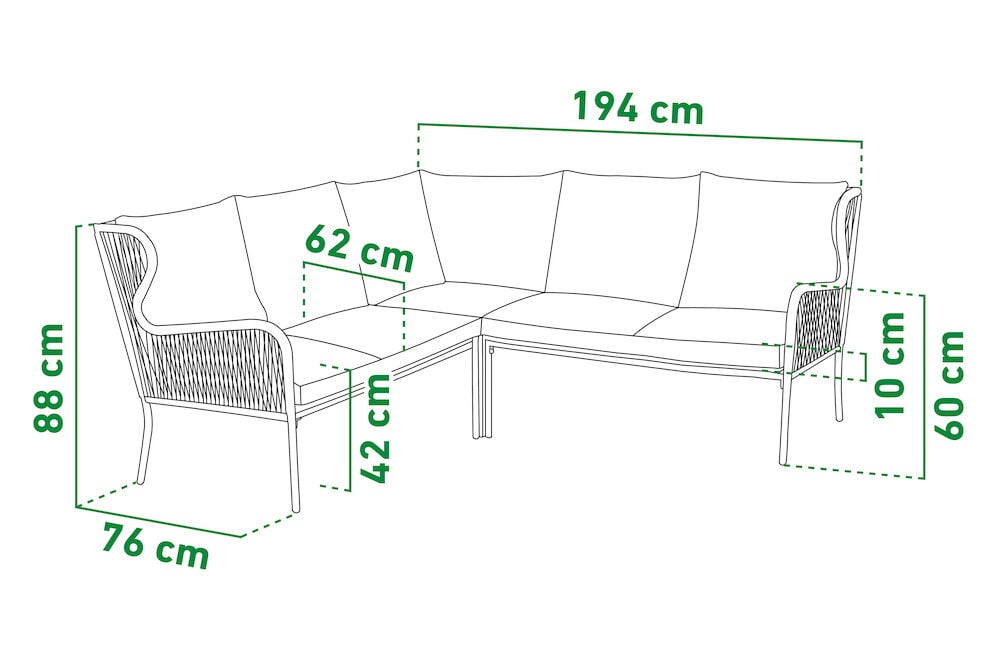 Ulkosohvakalusto kulmasohva mittoineen senttimetreinä.