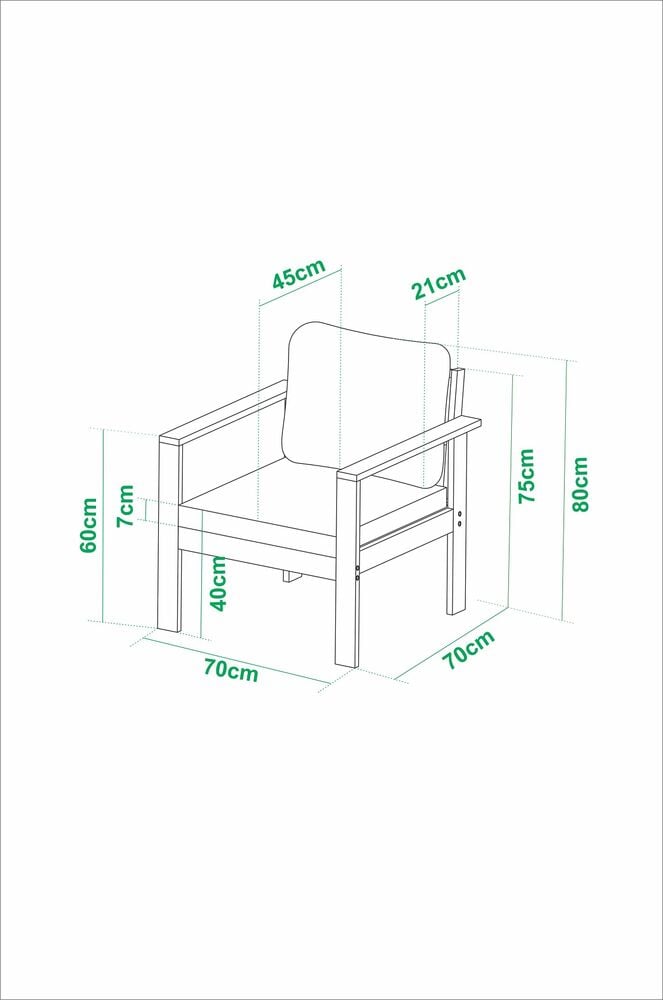 Luonnos nojatuolista, johon on merkitty mitat senttimetreinä.