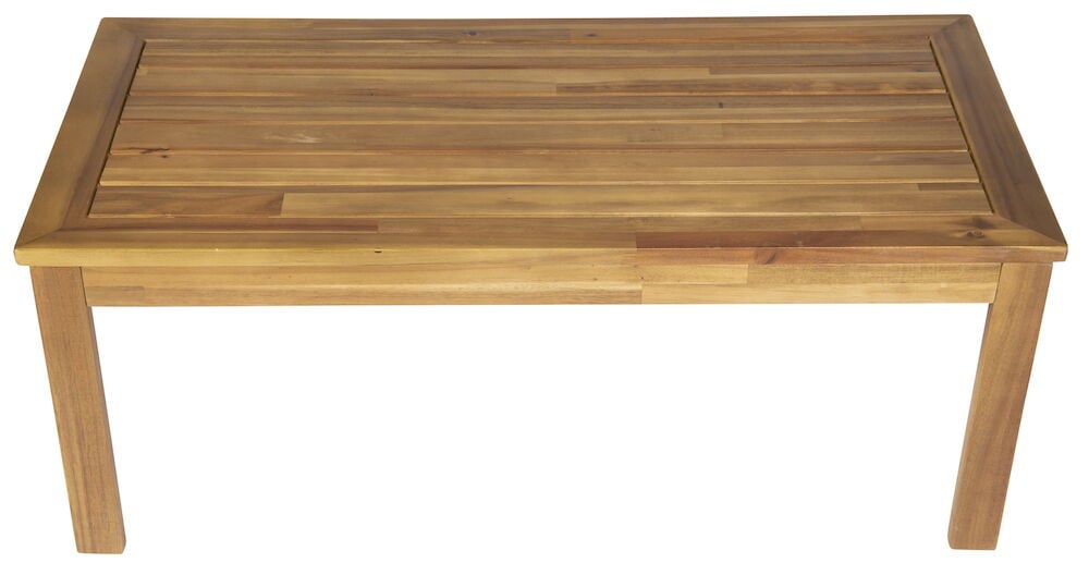 Suorakulmainen luonnonvärinen pöytä akaasiapuusta, jossa on neljä jalkaa.