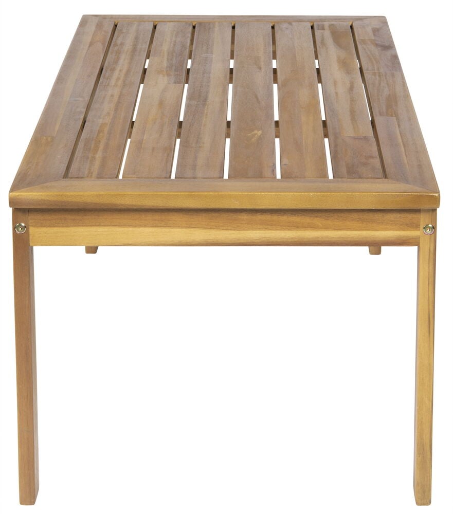 Suorakulmainen pöytä luonnonvärisestä uurretusta akaasiapuusta.