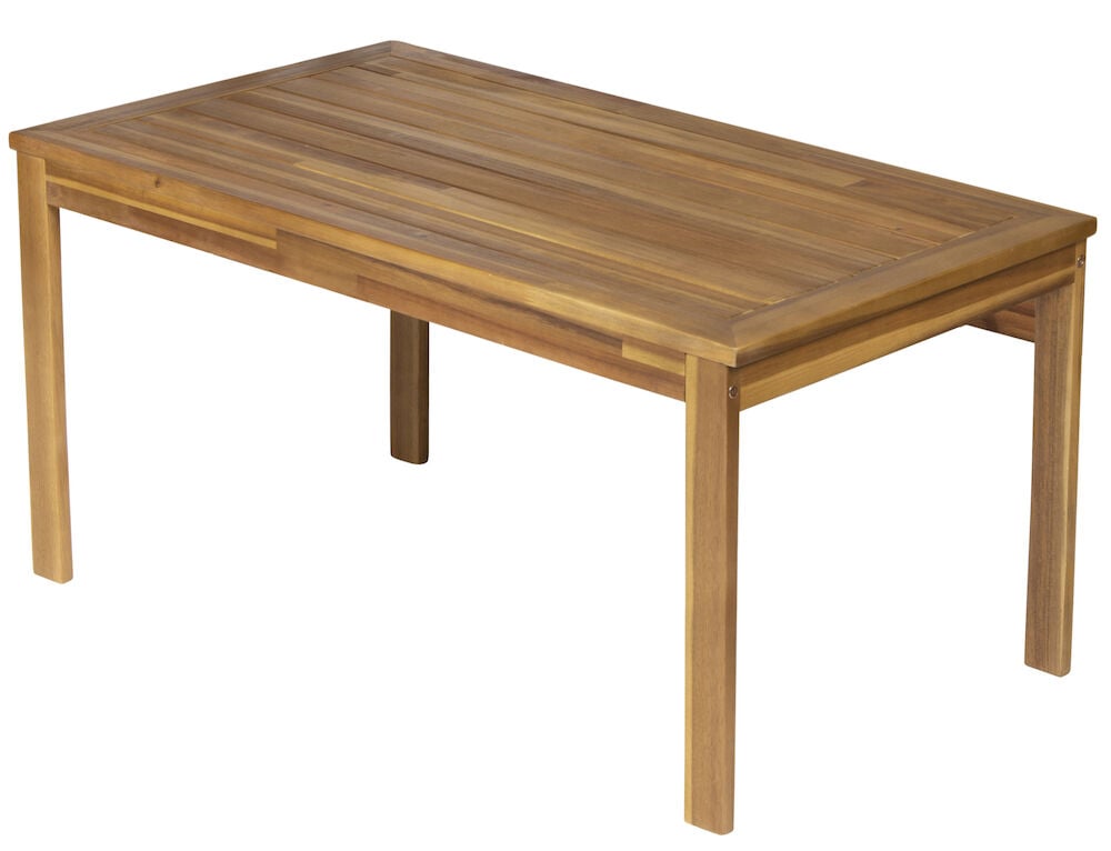 Suorakulmainen pöytä, valmistettu luonnollisesta akaasiapuusta, jossa on neljä jalkaa.