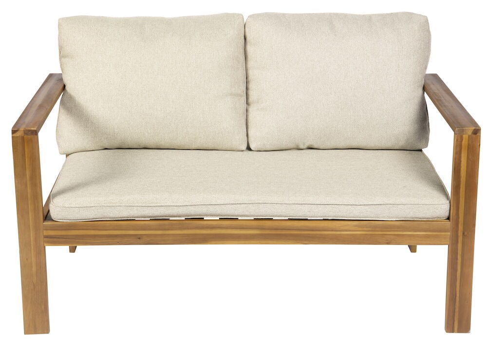 Kaksipaikkainen sohva vaaleasta kankaasta ja akaasiapuusta.