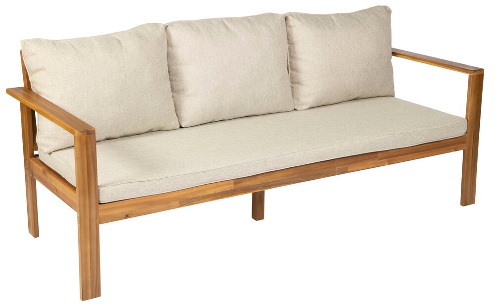 Ajaton 3-istuttava sohva akaasiapuusta, beigellä tyynyillä.