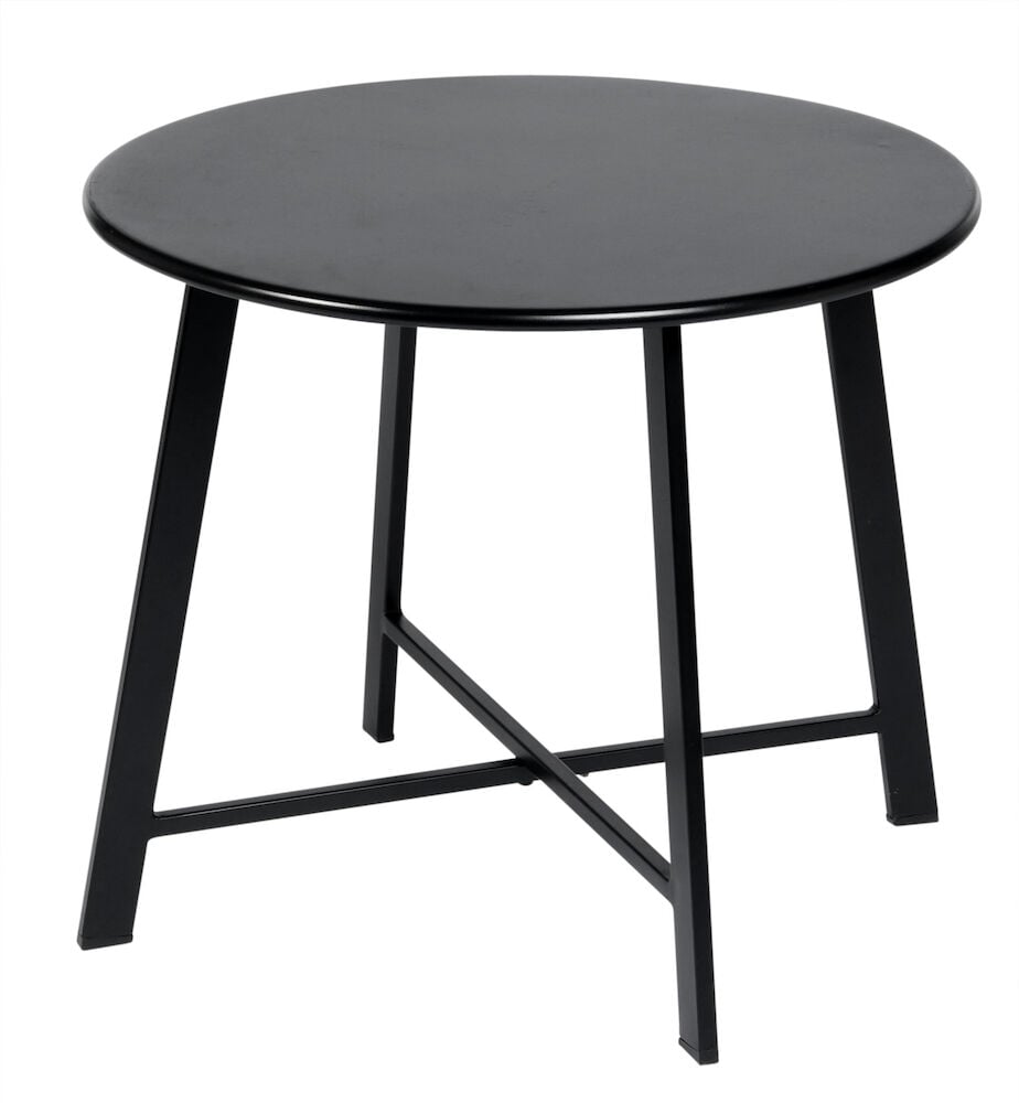 Rundt svart bord i stål med kryssede ben.
