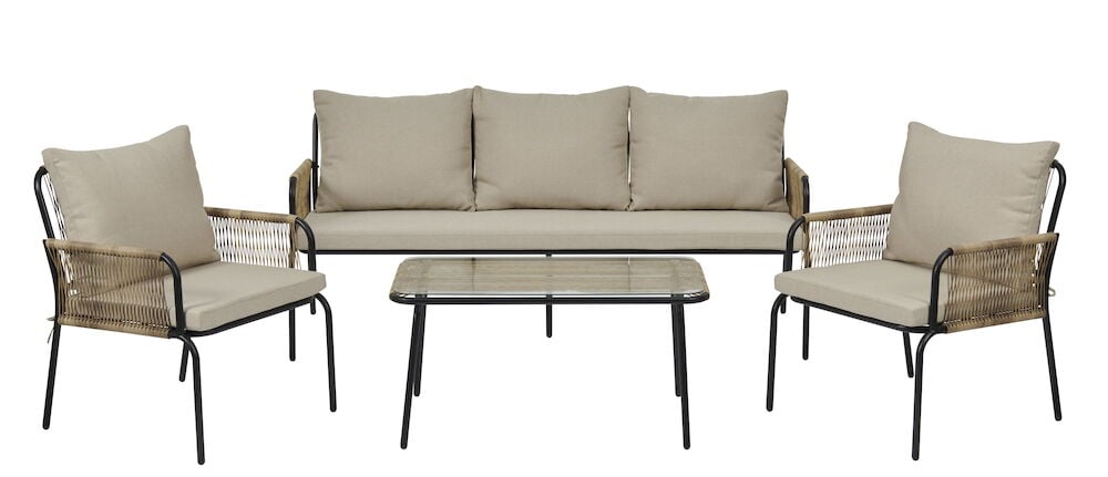 Fyra delar loungeset med beige dynor och glasbord.