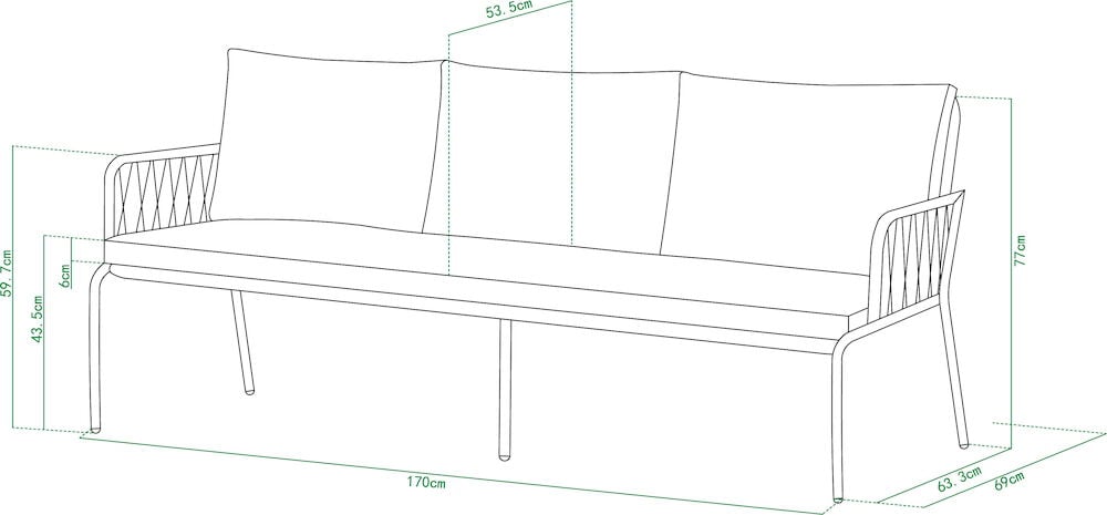 Linjeritning av tresits soffa med måttangivelser.