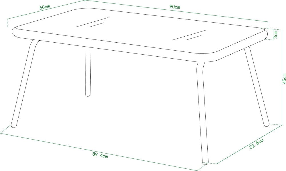 Rektangulärt soffbord med fyra ben och måttangivelser.