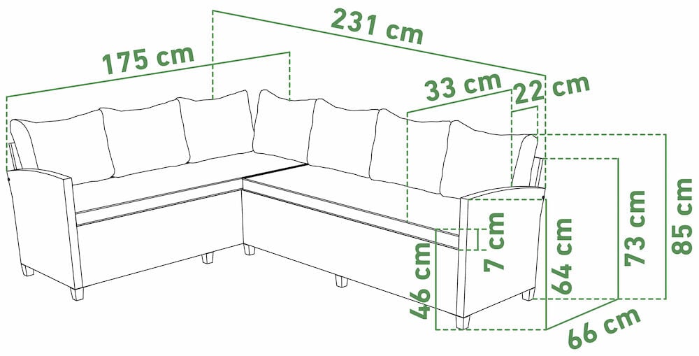Schwarzes Ecksofa mit Maßen und klaren Maßangaben.
