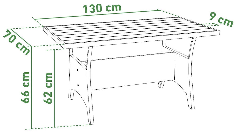 Rechteckiger Tisch mit Maßen und gezeichneten Abmessungen.