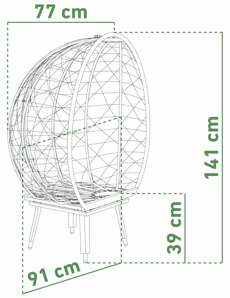 Musta terästuoli, jossa beigeä polyrottinkipunosta ja pyöreä runko.