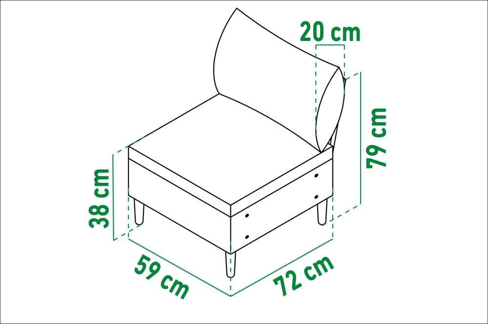 En loungemodul med puter og tydelige målangivelser.