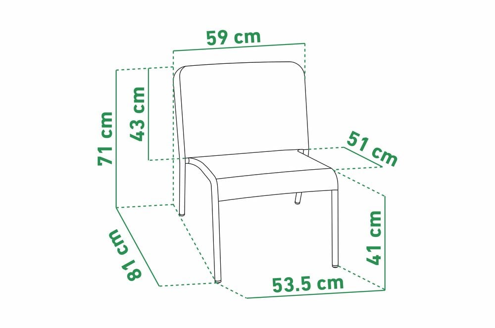Ritning av svart relaxstol med tydliga måttangivelser.