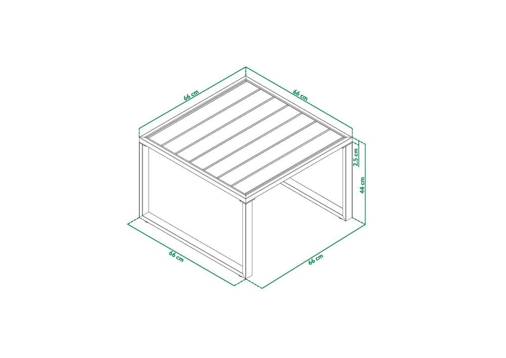 Musta nelikulmainen alumiininen sohvapöytä, jossa on rihllinen pöytälevy.