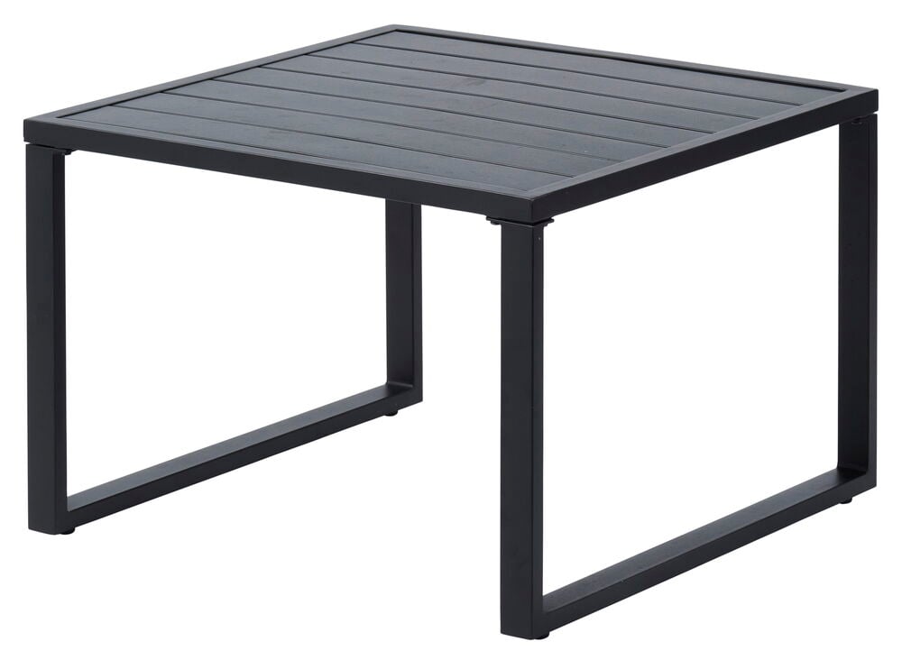 Musta neliön muotoinen alumiinipöytä ulkokäyttöön.