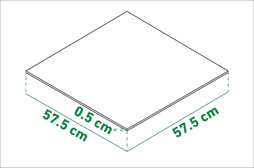 Rektangulær glasskive med mål i centimeter.