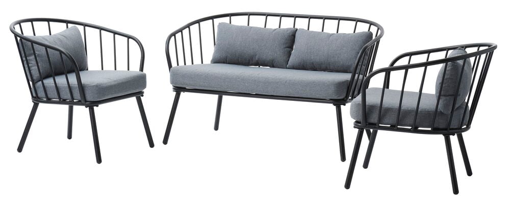 Musta oleskeluryhmä harmailla tyynyillä ja kahdella nojatuolilla.