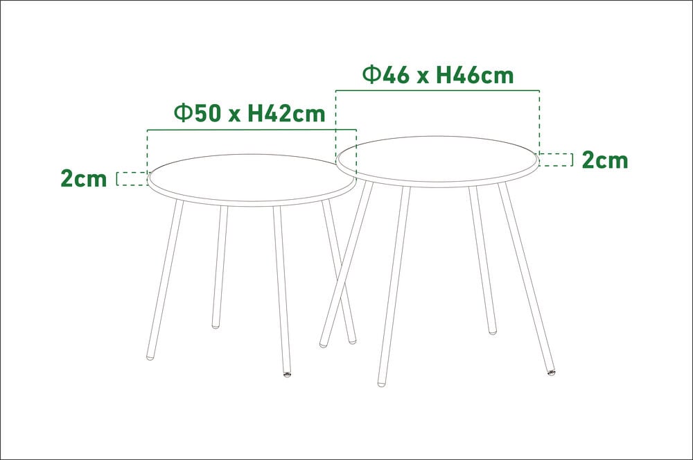 Kaksi pyöreää mustaa sarjapöytää eri kokoisina.