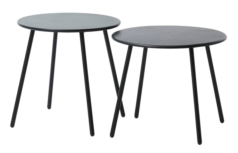 Kaksi mustaa pyöreää sarjapöytää teräksestä.
