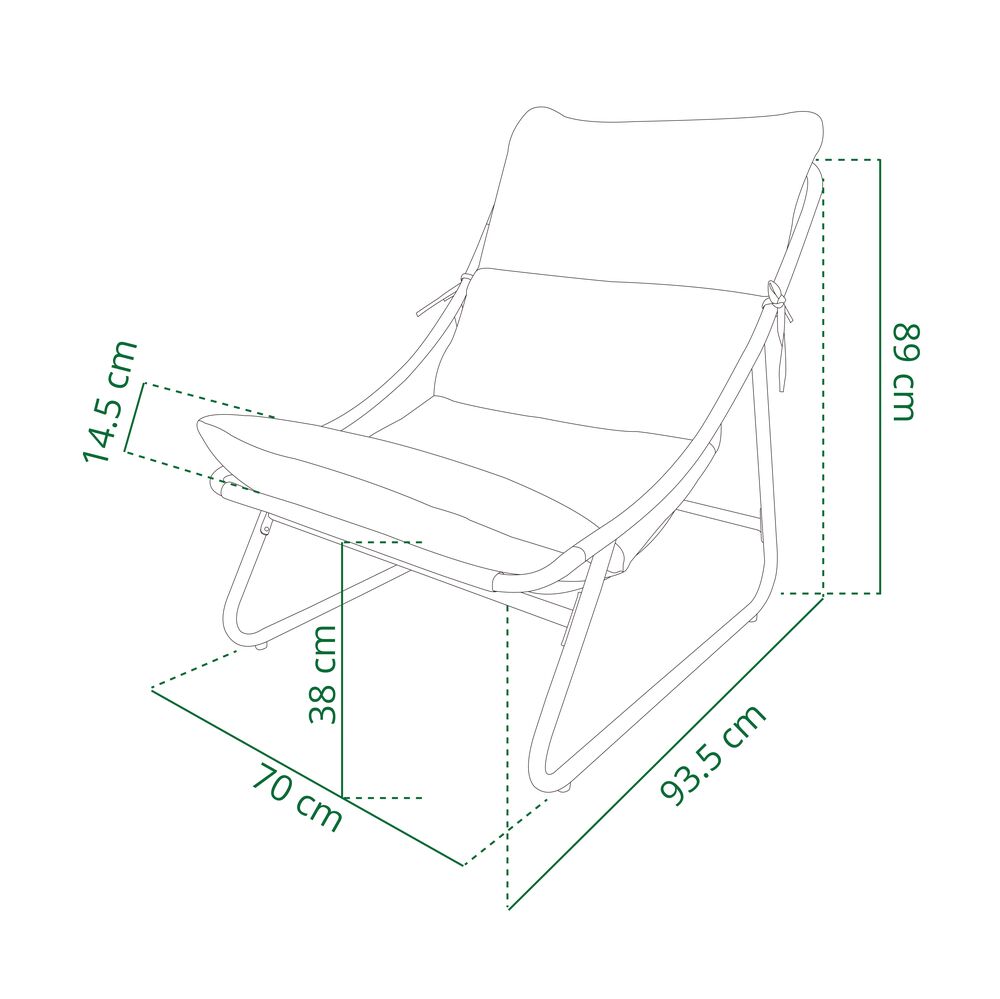 Tekninen piirustus musta/harmaa Lepotuoli Bari 70x93,5x89 cm, mittatiedot näkyvillä.