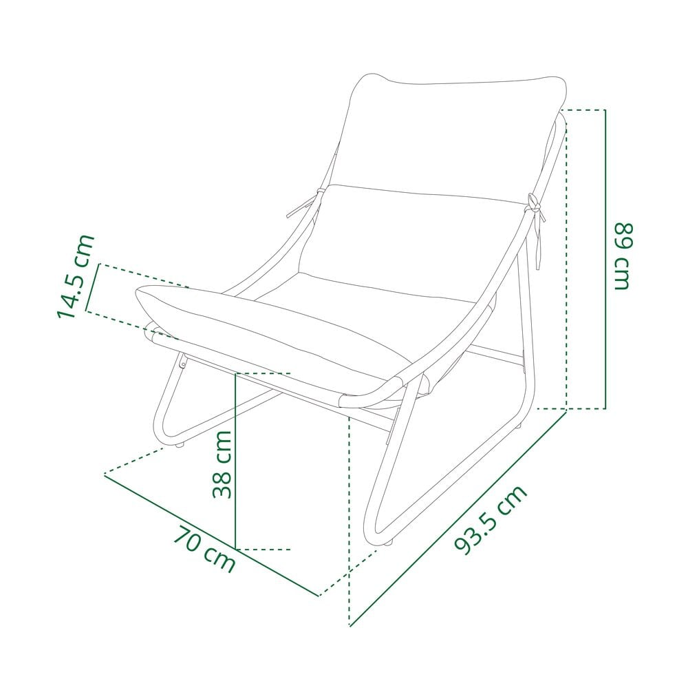 Tekninen piirustus musta/harmaa Lepotuoli Bari 70x93,5x89 cm, mittatiedot näkyvillä.