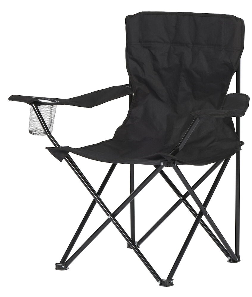 Svart vikbar campingstol med armstöd och mugghållare.