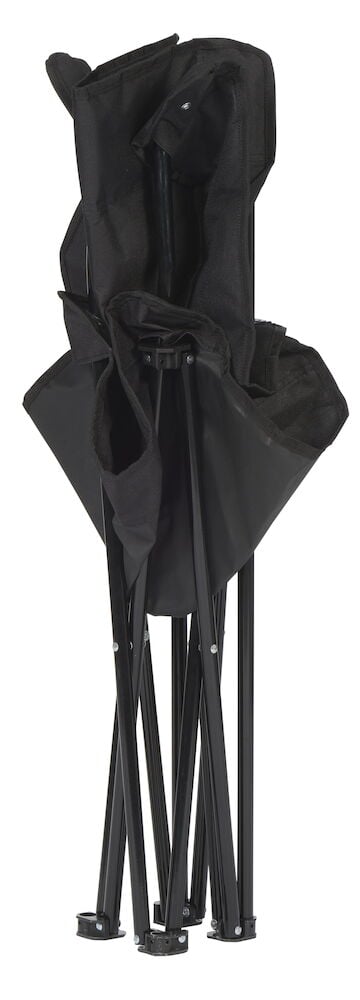 Hopfälld svart campingstol med metallram och tygsits.