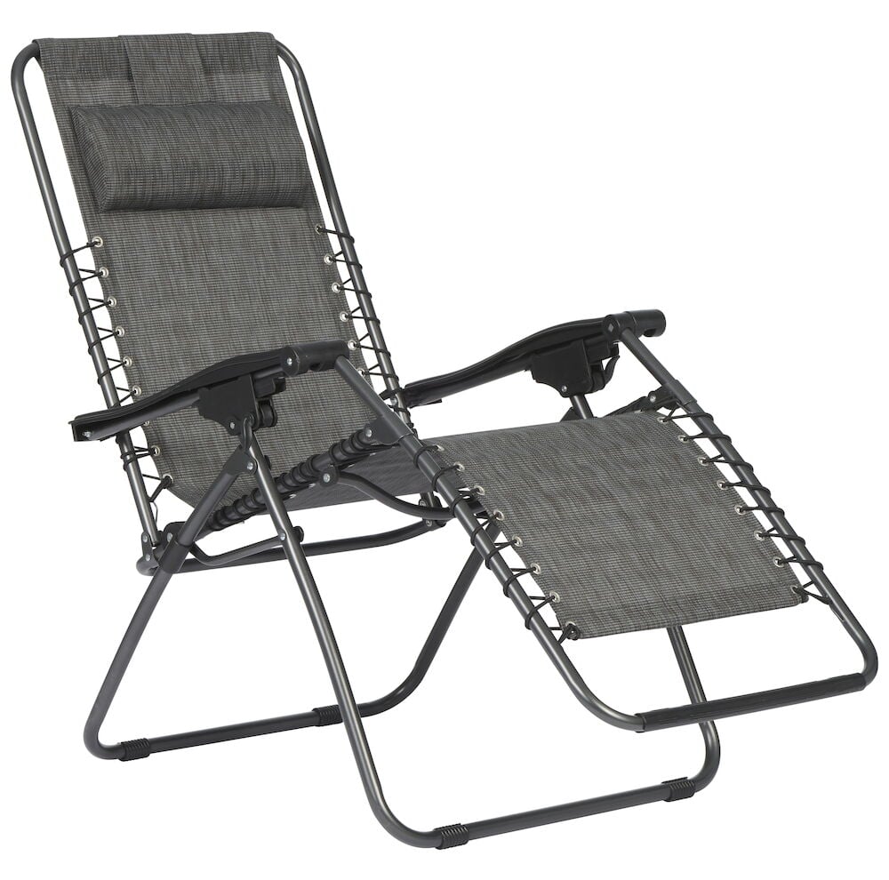 Gråmelerad justerbar solstol med huvudkudde och armstöd.
