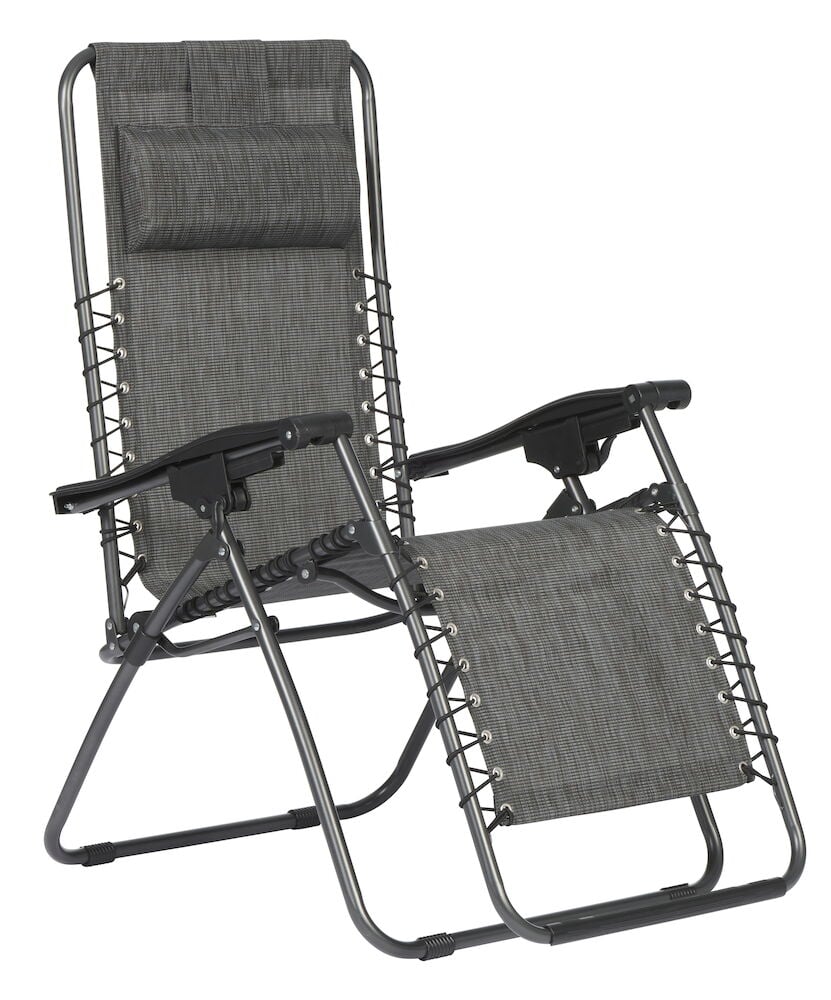 Grå solstol med nackkudde och armstöd.
