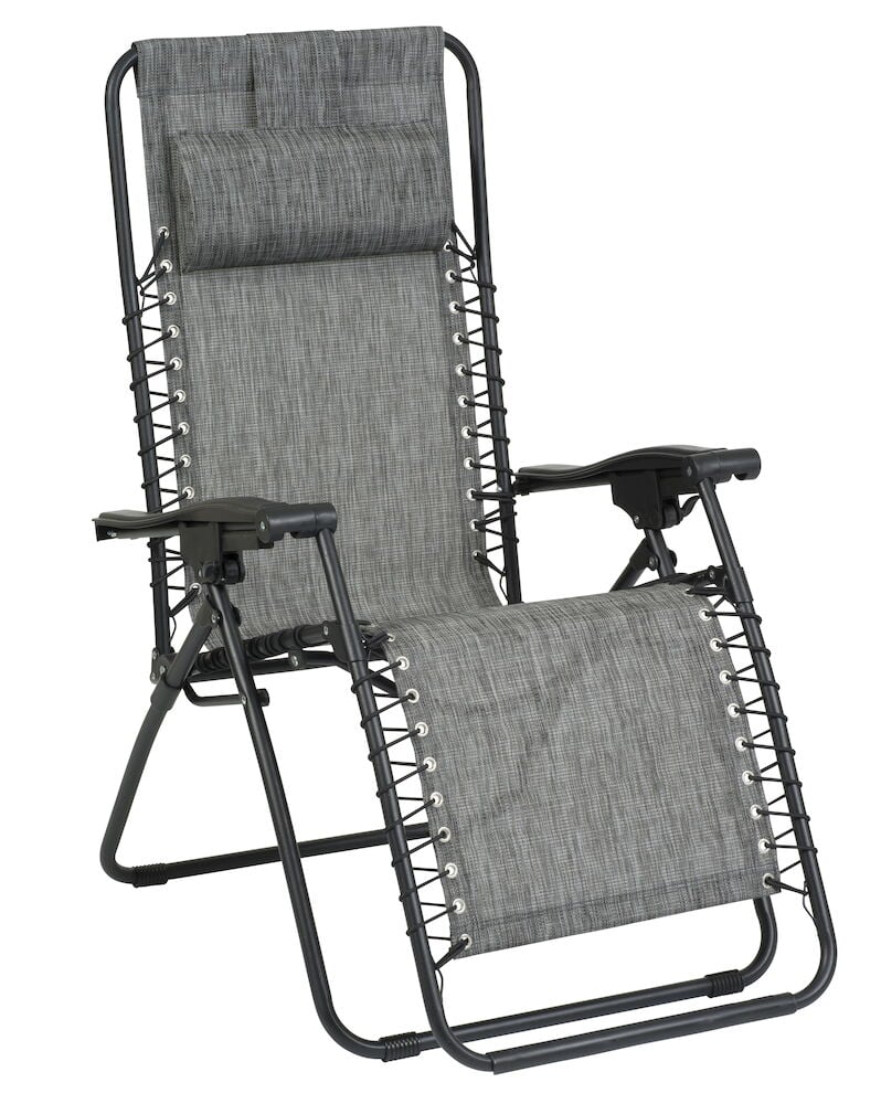 Gråmelerad justerbar solstol med stålrör och armstöd.