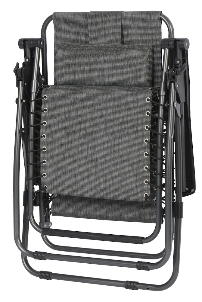 Hopfälld grå solstol med stålrörsram och kudde.