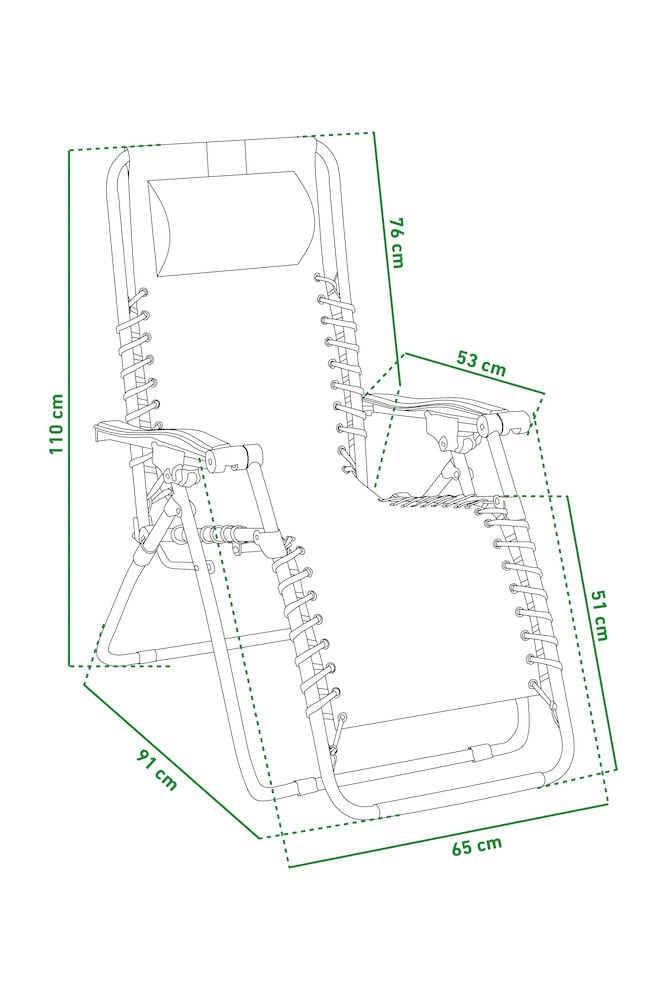 Ritning av justerbar grå solstol med måttangivelser.
