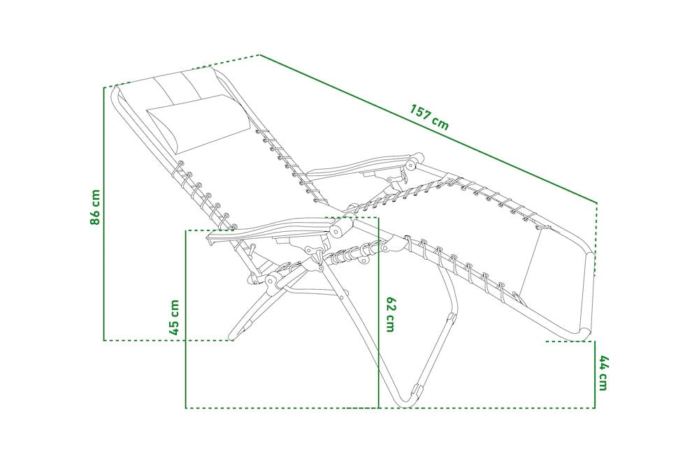 Ritning av justerbar solstol med måttangivelser.